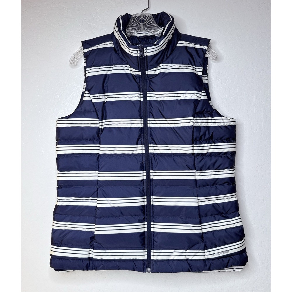 Lands End Women Size M Blue Striped 600 Goose Down Zip Up Puffer Vest Sailor
